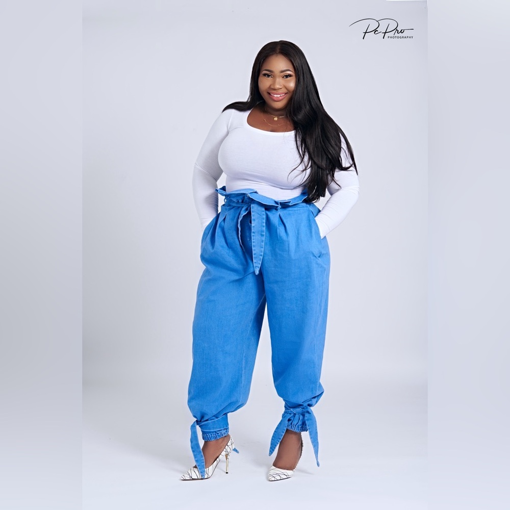 Baggy paper bag tie hem jeans pants as seen on me, wore once for a photo shoot